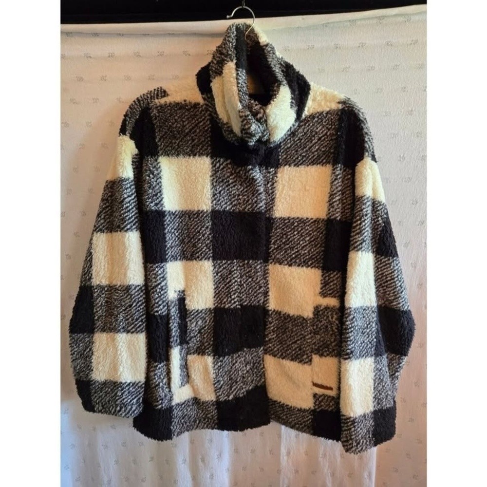 Billabong Cozy Days Black & White Plaid Sherpa Funnel Jacket Size M